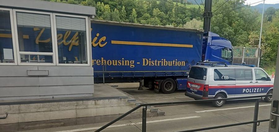 Delphic trailer at a European border checkpoint during a UK to EU road freight movement